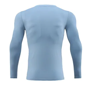 Back view of light blue men's quick-dry compression long-sleeve fitness shirt.