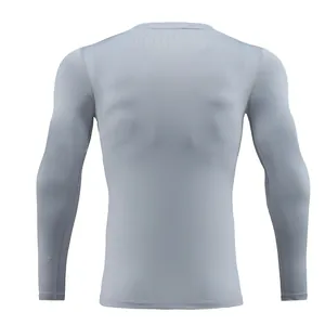 Back view of men's gray long-sleeve compression shirt for fitness and running