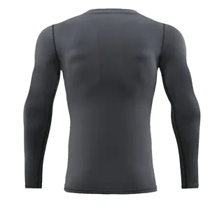 Back view of men's grey quick-dry long-sleeve compression shirt for fitness and running