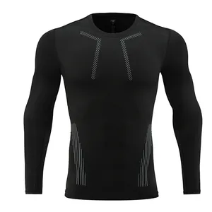 Front view of black long-sleeve compression shirt with gray linear graphic patterns
