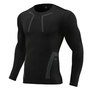 Close-up of black men's compression shirt with quick-dry fabric and stripe pattern