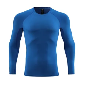 Blue long-sleeve quick-dry compression shirt detail for athletic sports and training