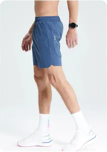 Side profile of men's blue quick-dry athletic shorts with breathable mesh side panels.