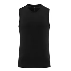 Front detail view of men's black sleeveless running top with breathable mesh texture