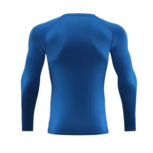 Back view of a blue long-sleeve quick-dry compression shirt for sports and fitness.