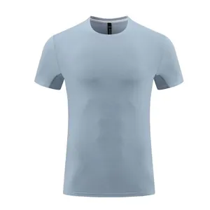 Front view of men's quick-dry blue sports T-shirt with breathable mesh texture