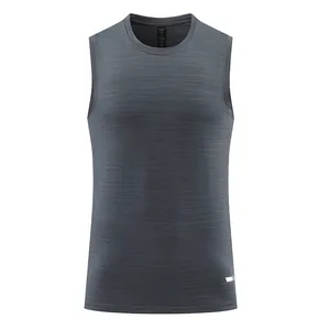 Detail view of the gray quick-dry fabric on a men's athletic sleeveless tank top.