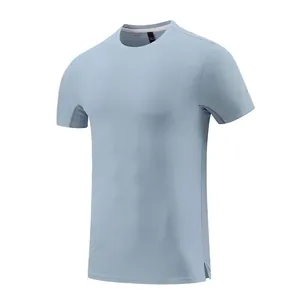 Front detail of a light blue quick-dry crew neck sports T-shirt for men's workout
