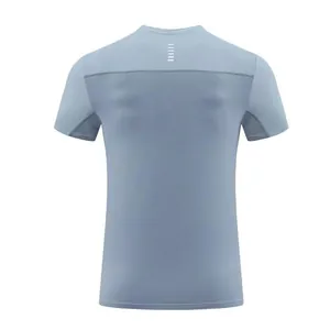 Back view of a men's light blue quick-dry running t-shirt for fitness training.