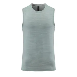 Detail view of a grey quick-dry men's sports tank top featuring a textured fabric finish
