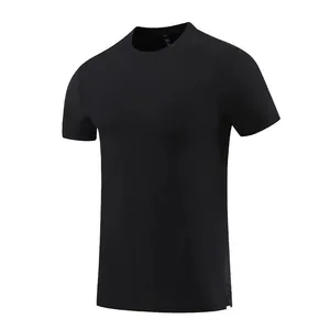 Front view detail of a plain black men's short-sleeved crew neck quick-dry athletic t-shirt