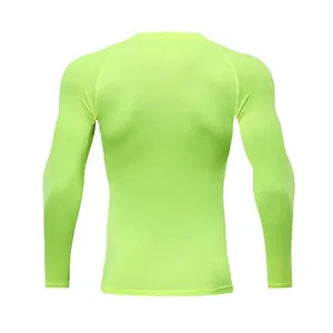 Back view of a neon green long-sleeve quick-dry compression shirt for sports training.