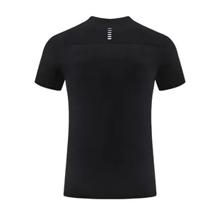 Rear view of black quick-dry men's athletic t-shirt with reflective stripe detail