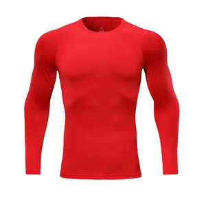 Detail view of red long-sleeved quick-dry compression shirt for sports and fitness training