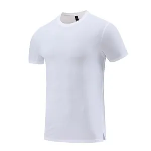 Front view of a white men's short-sleeved quick-dry athletic t-shirt with crew neck