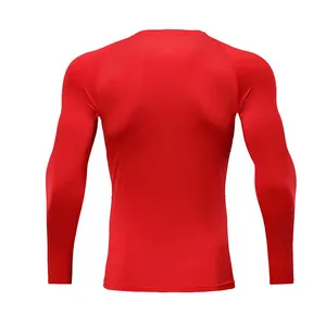 Detailed back view of a vibrant red long-sleeve compression shirt for sports training.