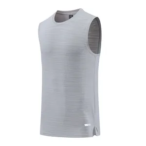 Detail view of a men's light grey quick-dry sports tank top featuring breathable mesh
