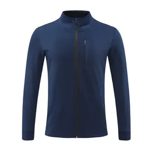 Front view of men's navy blue stand collar sports jacket with chest zipper pocket