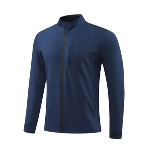 Detailed front view of a navy blue men's standing collar sports jacket with full zipper