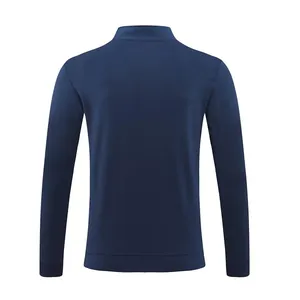 Back view of navy blue men's stand-collar long sleeve sports jacket for running and fitness