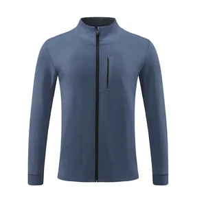 Detail view of men's blue stand-up collar sports jacket with zip-up design
