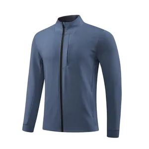 Detailed view of a blue men's athletic zip-up jacket with stand collar and chest pocket