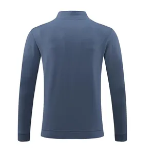 Back view of a premium men's blue stand-collar long sleeve athletic jacket for running.