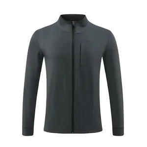 Close-up of men's athletic jacket featuring stand collar and chest zipper pocket