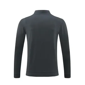 Back view of men's dark grey athletic jacket showing fine fabric texture and stand collar