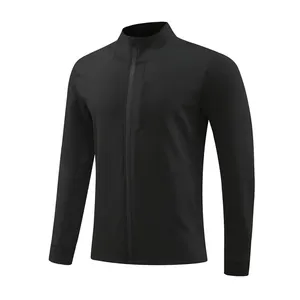 Front view of black long-sleeve sports jacket with stand collar and zipper detail.