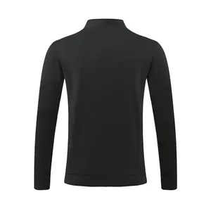 Back view of men's solid black long-sleeve sports jacket with stand-up collar design