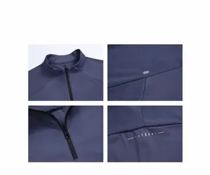 Detailed views of men's blue half-zip quick-dry athletic top featuring reflective safety strips