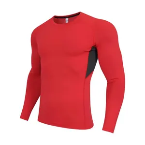 Red men's long-sleeved quick-dry compression shirt for gym training and running.