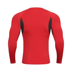 Back view of red long-sleeve compression shirt for men featuring black breathable side panels