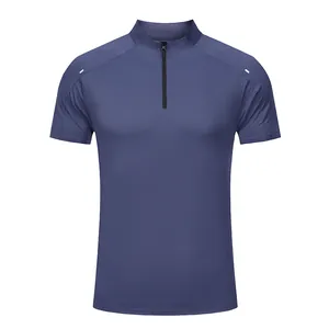 Close-up of men's quick-dry sports t-shirt with half-zipper and reflective trim