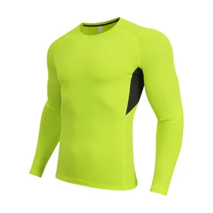 Professional neon yellow men's long-sleeve compression shirt for running and gym training