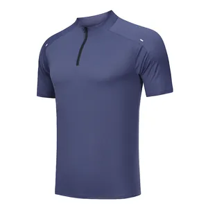 Men's quick-dry sports t-shirt in dusty blue with half-zipper and reflective details
