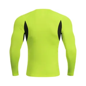 Rear view of neon yellow long-sleeve athletic compression shirt with black panels