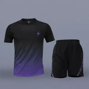 Macro view of men's athletic quick-dry t-shirt and shorts set in black purple gradient