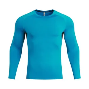 Detailed view of bright blue compression shirt showing ergonomic seams and stretch fabric