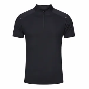 Front view of black men's quick-dry sports t-shirt featuring a half-zipper collar.