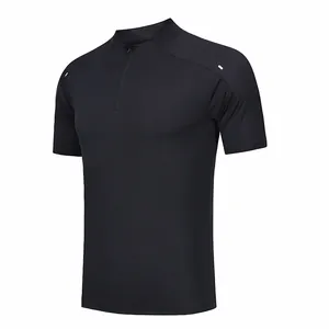 Detail view of men's black quick-dry half-zip sports T-shirt with reflective stripes.