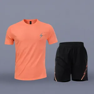 Professional flame orange quick-dry sports set with lightning bolt pattern for men