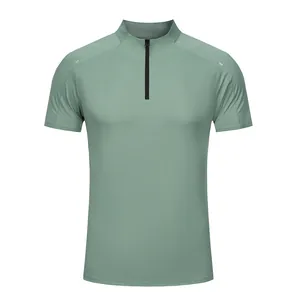 Detail of sage green men's quick-dry sports T-shirt with half-zipper design