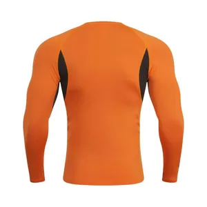 Back view of orange men's long-sleeve compression t-shirt for fitness and gym running