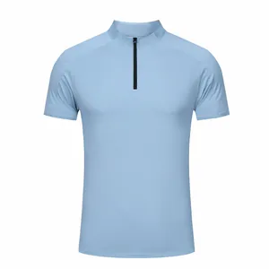 Men's light blue quick-dry short sleeve sports T-shirt featuring a functional half-zipper