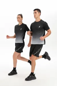 Athletic models wearing quick-dry black gradient sports suit for running and training