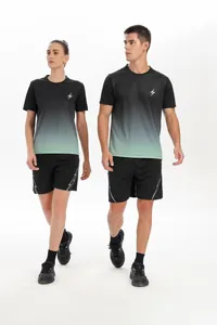 Full detail shot of quick-dry sports set with gradient t-shirt and black shorts