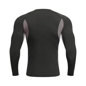 Back view of men's black compression long sleeve shirt with grey side paneling