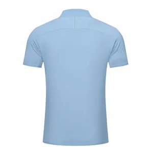 Back view of men's light blue quick-dry sports T-shirt with a half-zip collar design